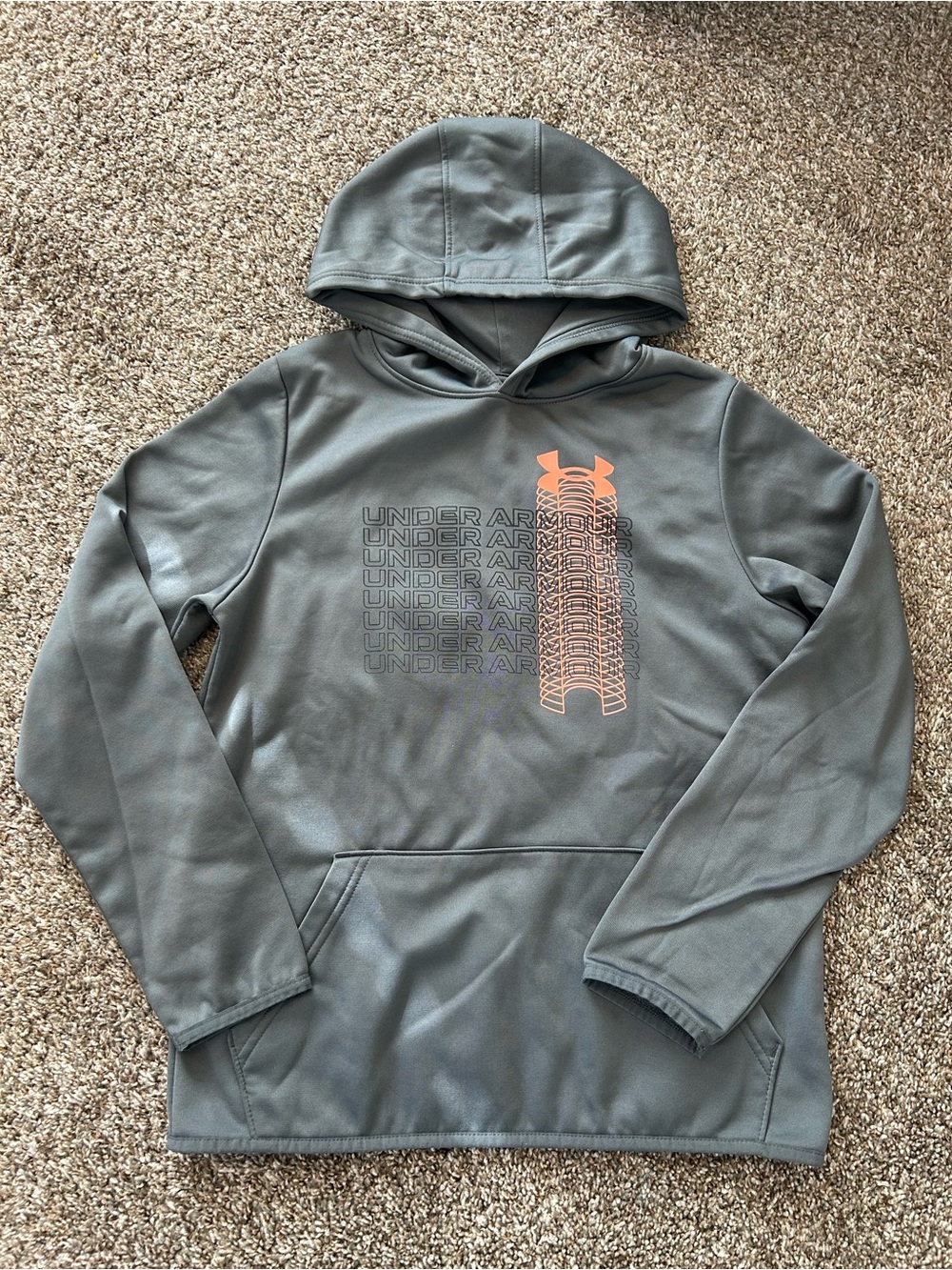 Under Armour Boys Gray Pullover Hoodie with Orange Logo Graphic (Youth large)